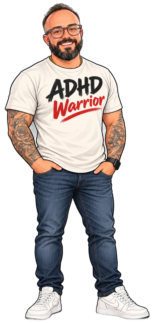 Illustrated portrait of Aaron Bentley, ADHD coach, in an ADHD Warrior t-shirt